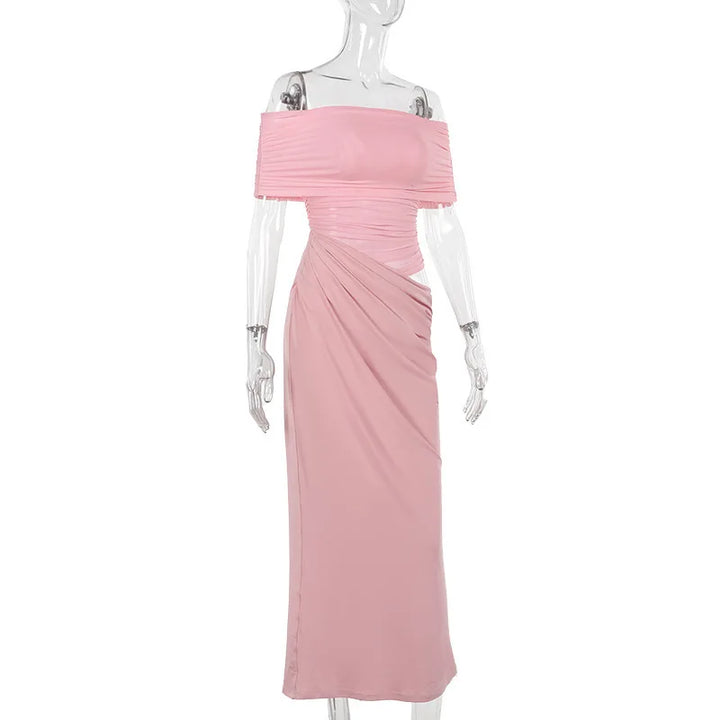 Maxi dress with ruching, mesh design and off-shoulder - Keshet