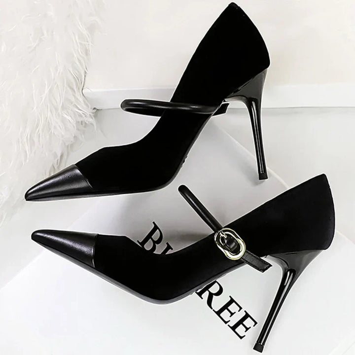 Pointed Heel Shoes with Velvet and Faux Leather Buckle Decoration - Mabel