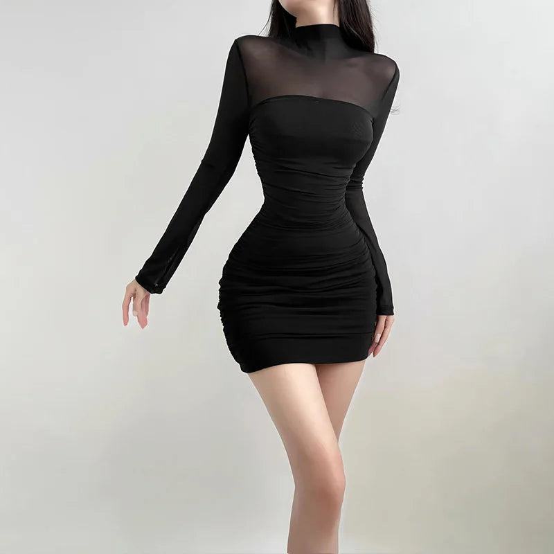 Fitted Ruched Mini Dress in Shaping Fabric with Flattering Mesh and Turtleneck Collar - Evelyn