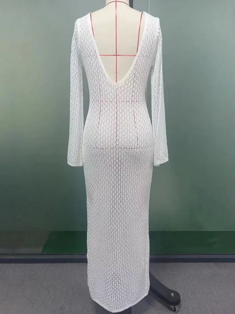 Knitted Maxi Beach Dress with Open Back and Pearl Pin Decoration - Lina