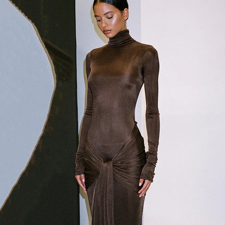 Elegant Maxi Dress with Tie Decoration and Turtleneck Collar - Robin