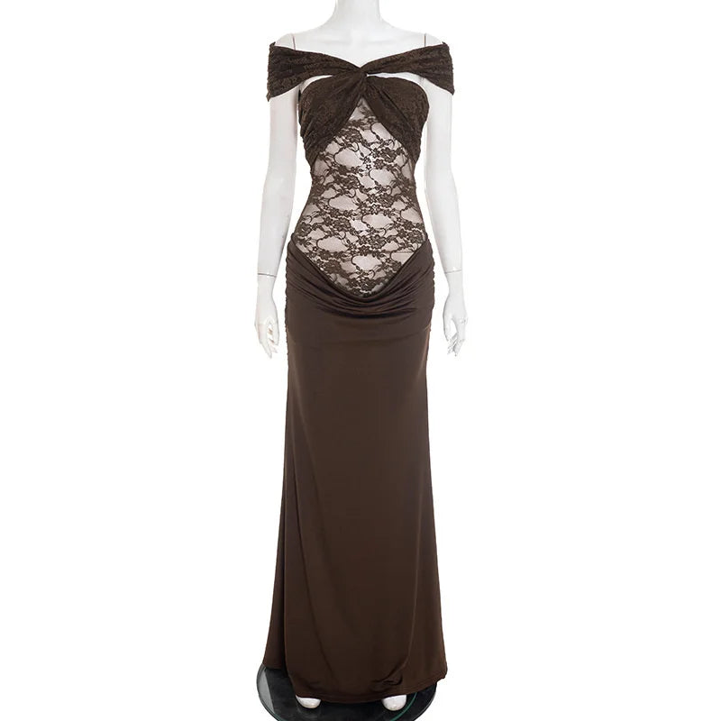 Maxi off-shoulder dress with lace design - LINI