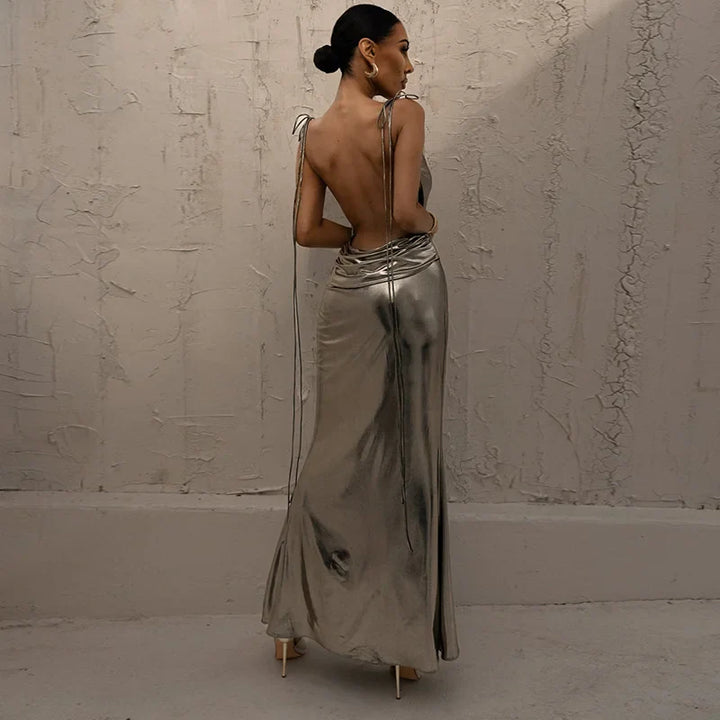 Metallic bronze maxi dress with tie shoulder straps and open back - Nancy