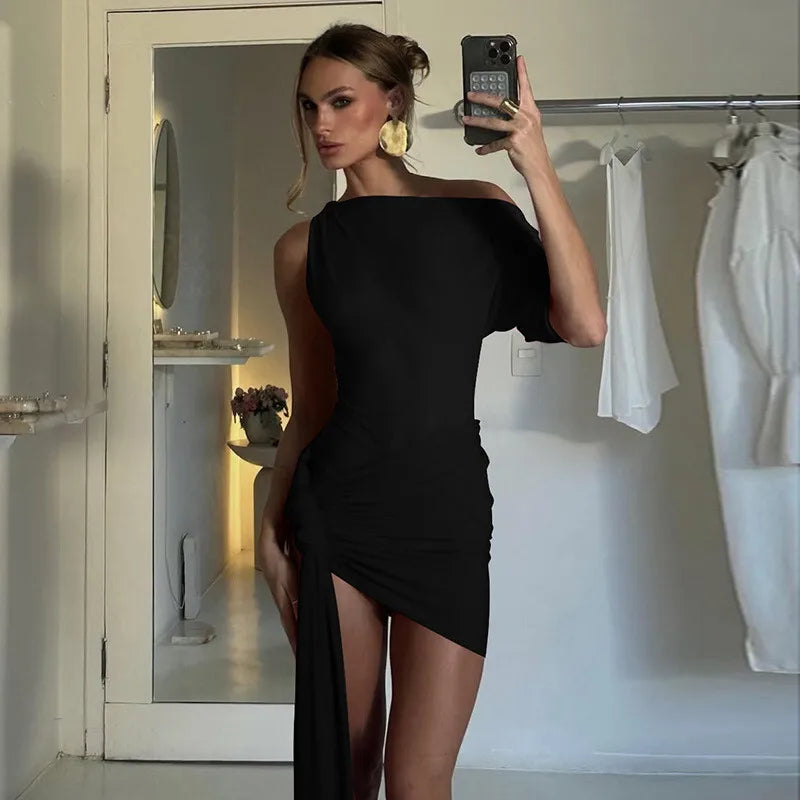 Mini dress with asymmetric design and train decoration - Nina
