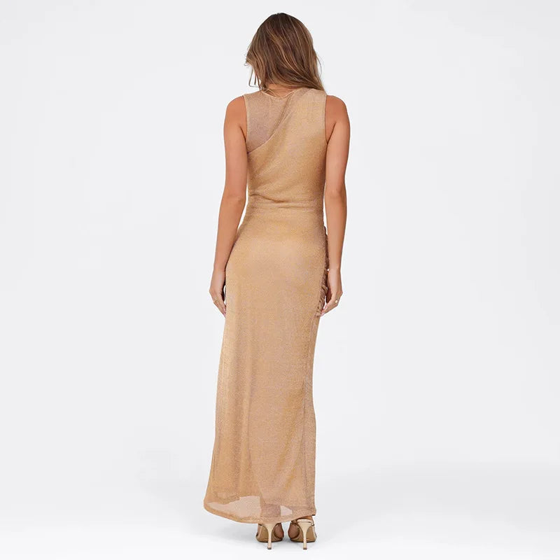 Maxi Mesh Sequin Dress with Ruching and Tie Detail with Slit - August