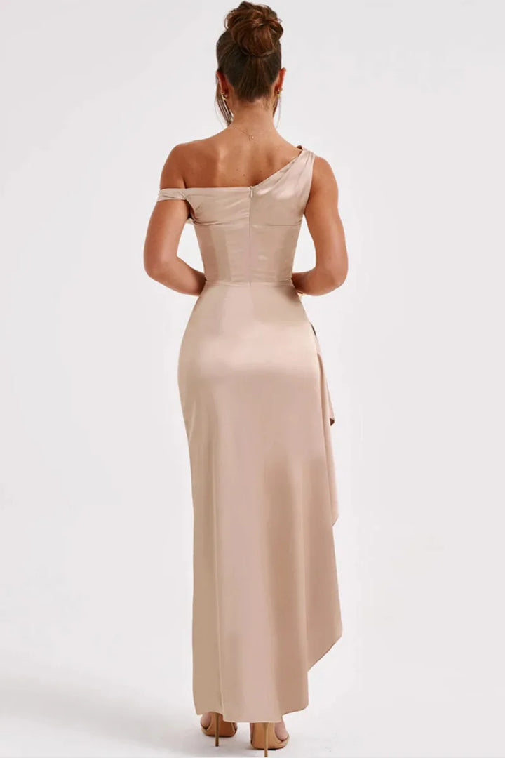 Satin Maxi Dress with Slit and One Shoulder Design - Emiliana