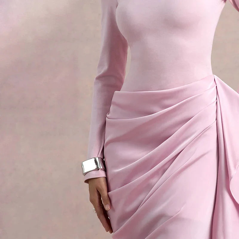 Midi Dress with Satin Design and Asymmetric Length - NIRA