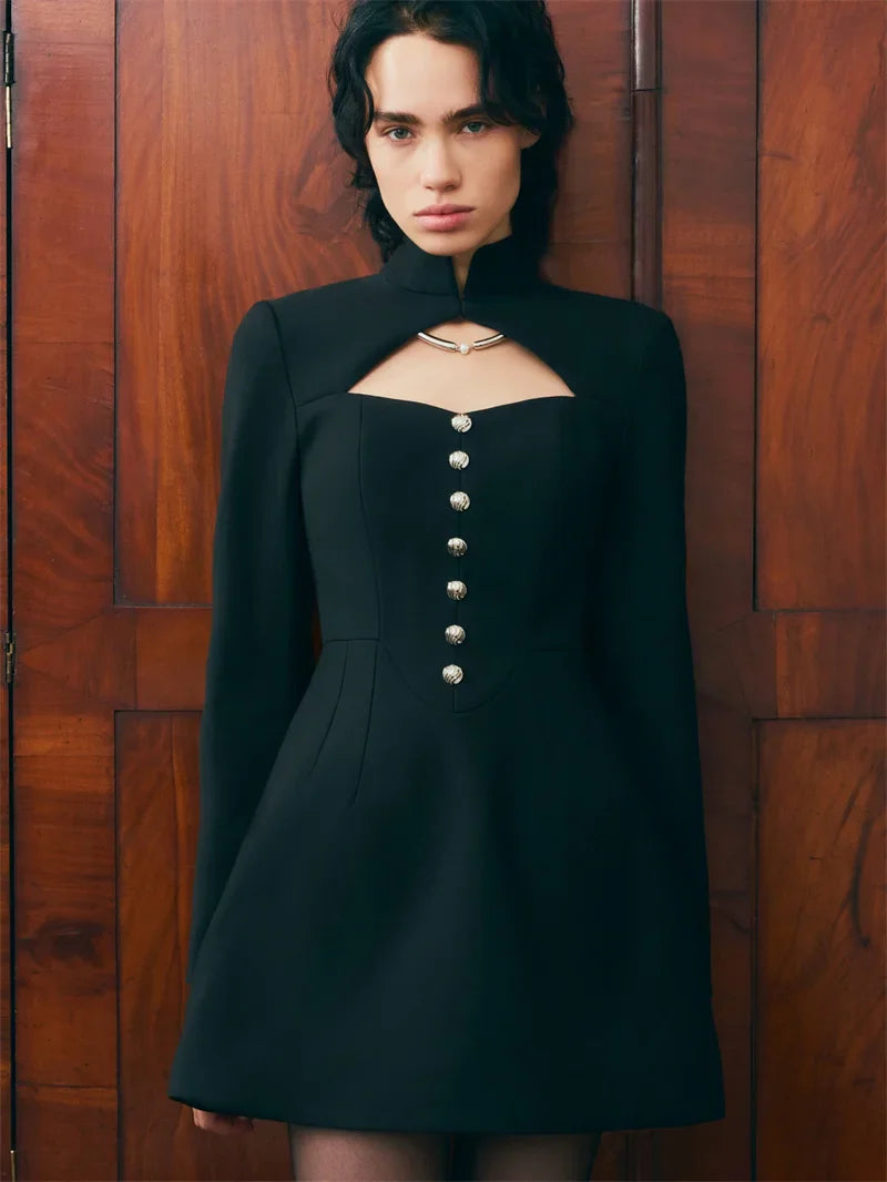 Fitted Mini Dress with Turtleneck and A-Line Cut with Button Decoration - Mary Line