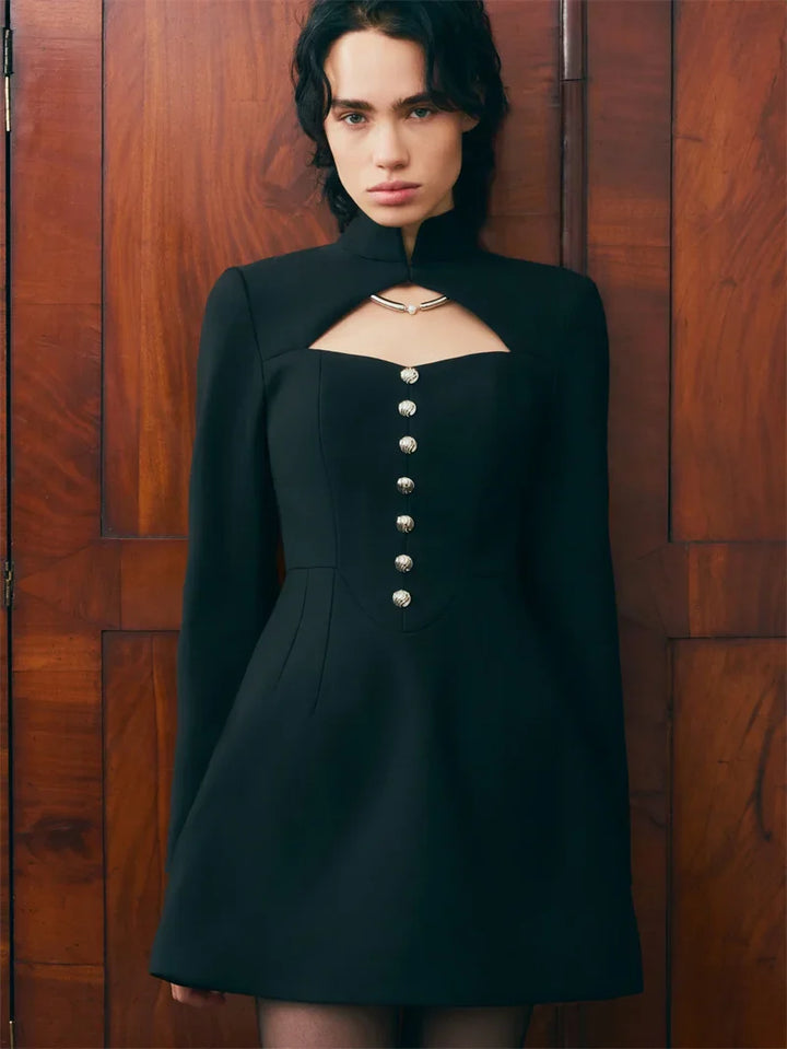 Fitted Mini Dress with Turtleneck and A-Line Cut with Button Decoration - Mary Line