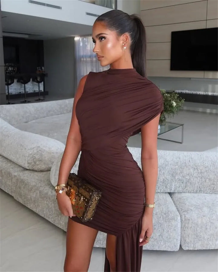 Mini dress with ruching and asymmetrical design decorated with a train - Jay