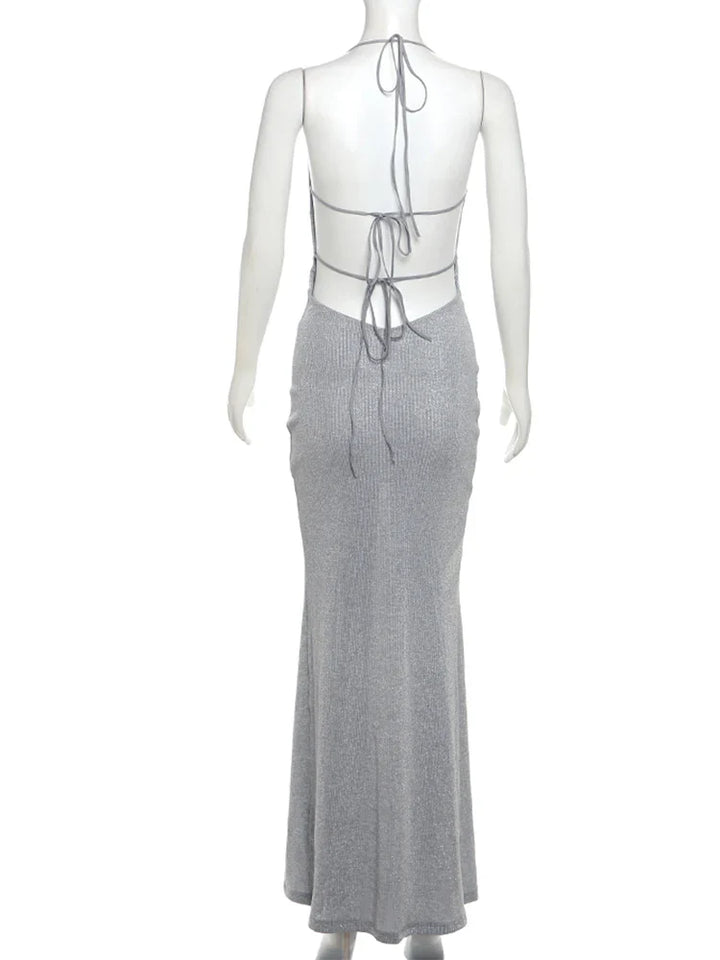 Knitted Sequin Maxi Dress with Draped Collar and Open Back - Gracie