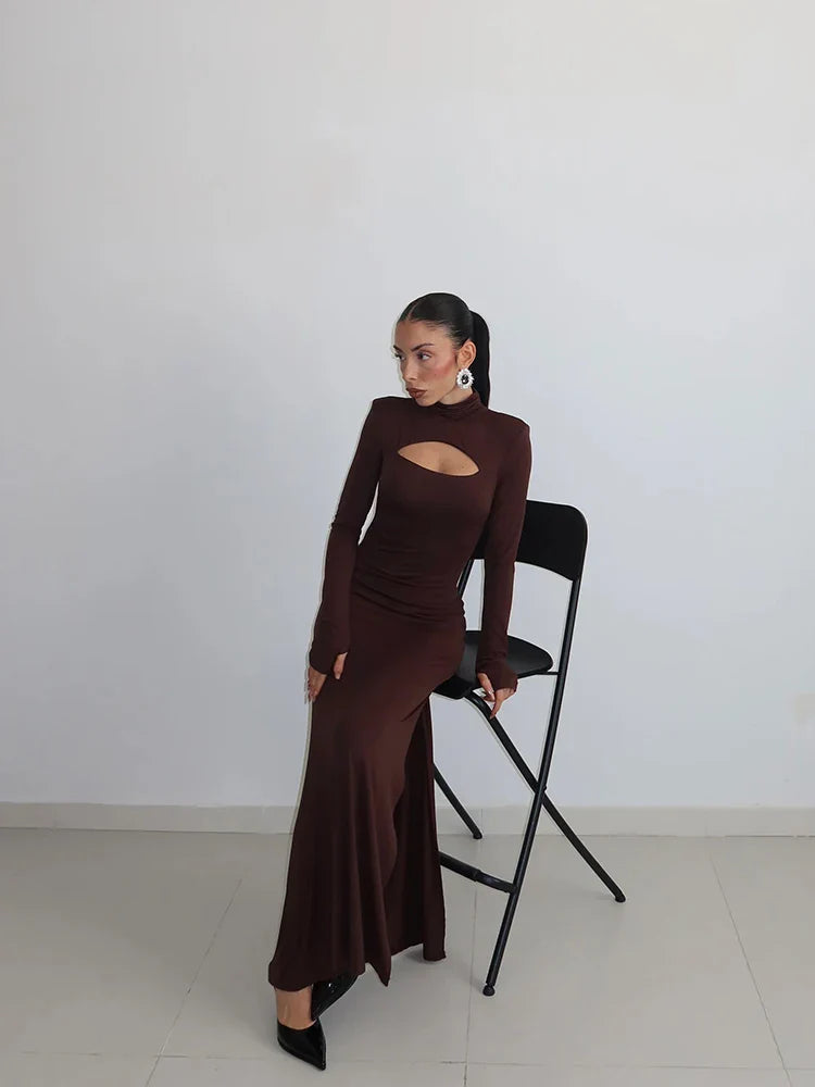 Elegant Maxi Dress with Slit Decoration and Turtleneck Collar - Eliana