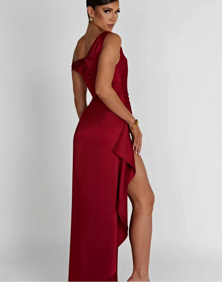 Satin Maxi Dress with Slit and One Shoulder Design - Emiliana