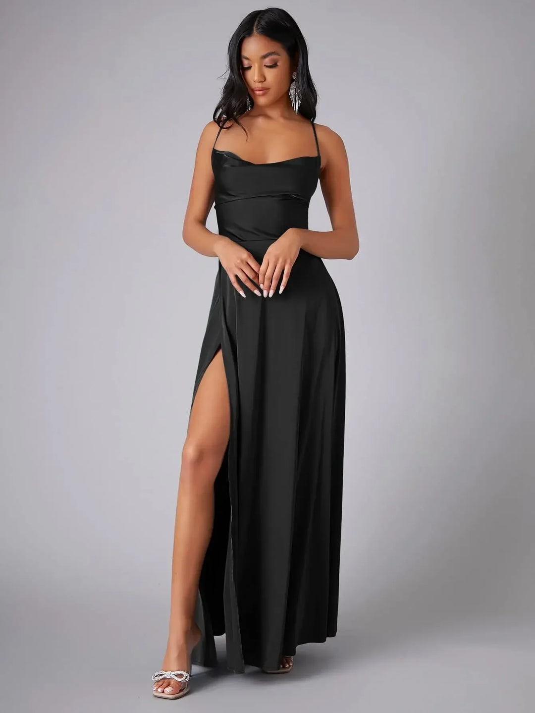 Maxi Satin Dress with Slit Detail and Back Tie - Leona