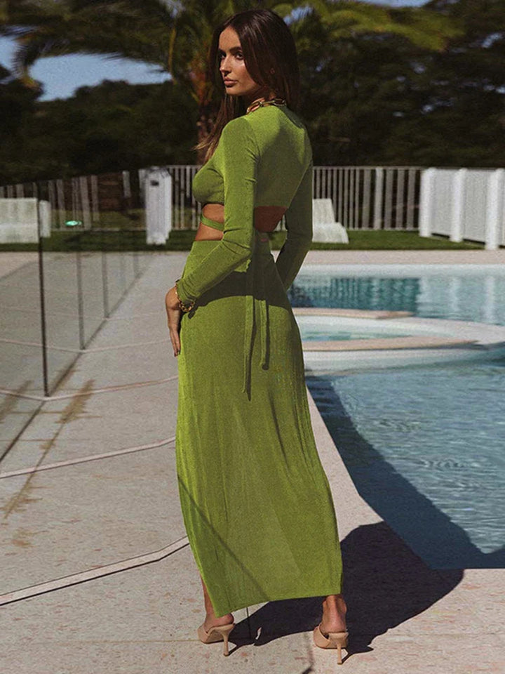 Two-Piece Set with Shiny Look: Maxi Skirt with Slit and Tie-Front Blouse - Toscana