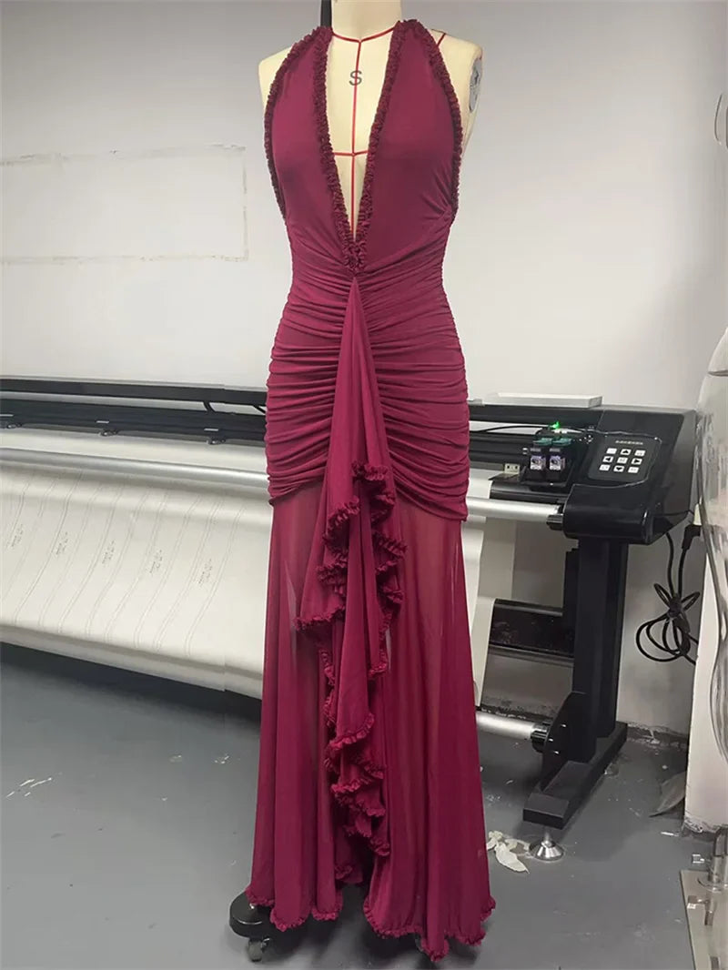 Maxi chiffon dress with ruffles, tie neck, and open back - MARGARITA