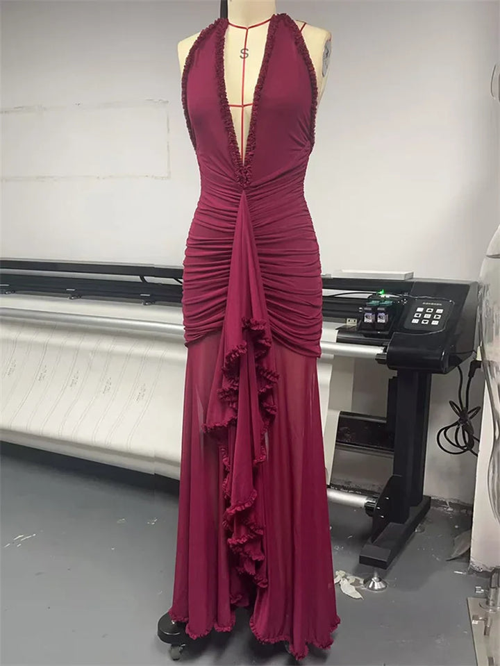 Maxi chiffon dress with ruffles, tie neck, and open back - MARGARITA