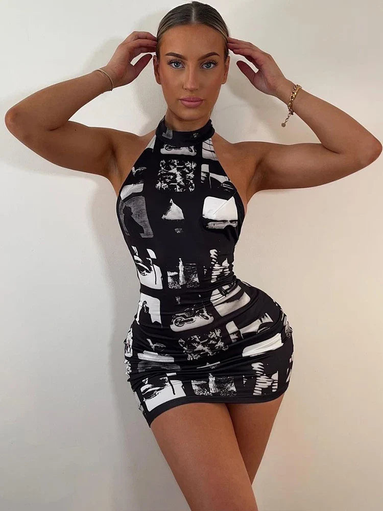 Mini Dress with Collar and Monochrome Print Design - Tessa