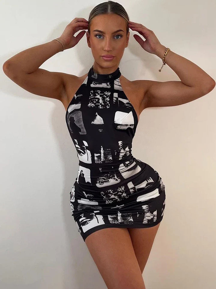 Mini Dress with Collar and Monochrome Print Design - Tessa