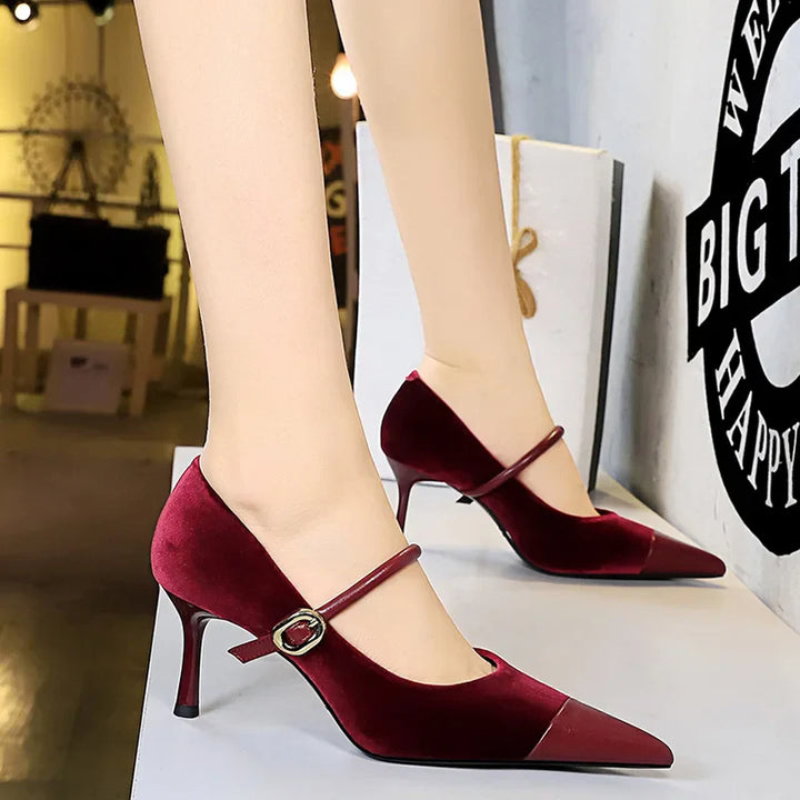 Pointed Heel Shoes with Velvet and Faux Leather Buckle Decoration - Mabel