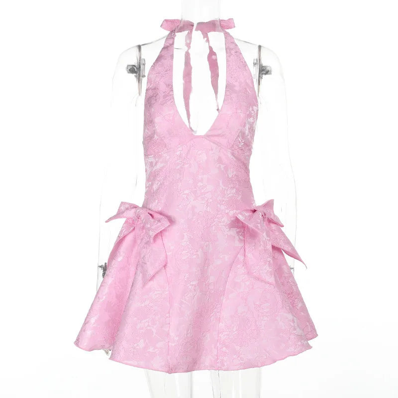 A-line mini dress with neck tie and embroidered floral illustration with bow details - Carolina