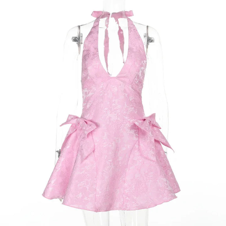 A-line mini dress with neck tie and embroidered floral illustration with bow details - Carolina