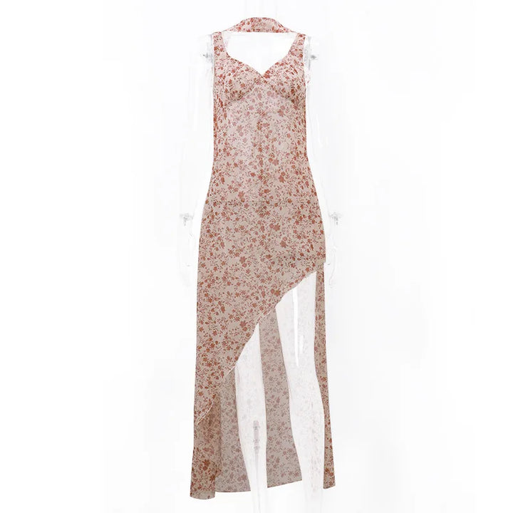 Floral Maxi Dress with Open Back, Slit, and Scarf - Elay