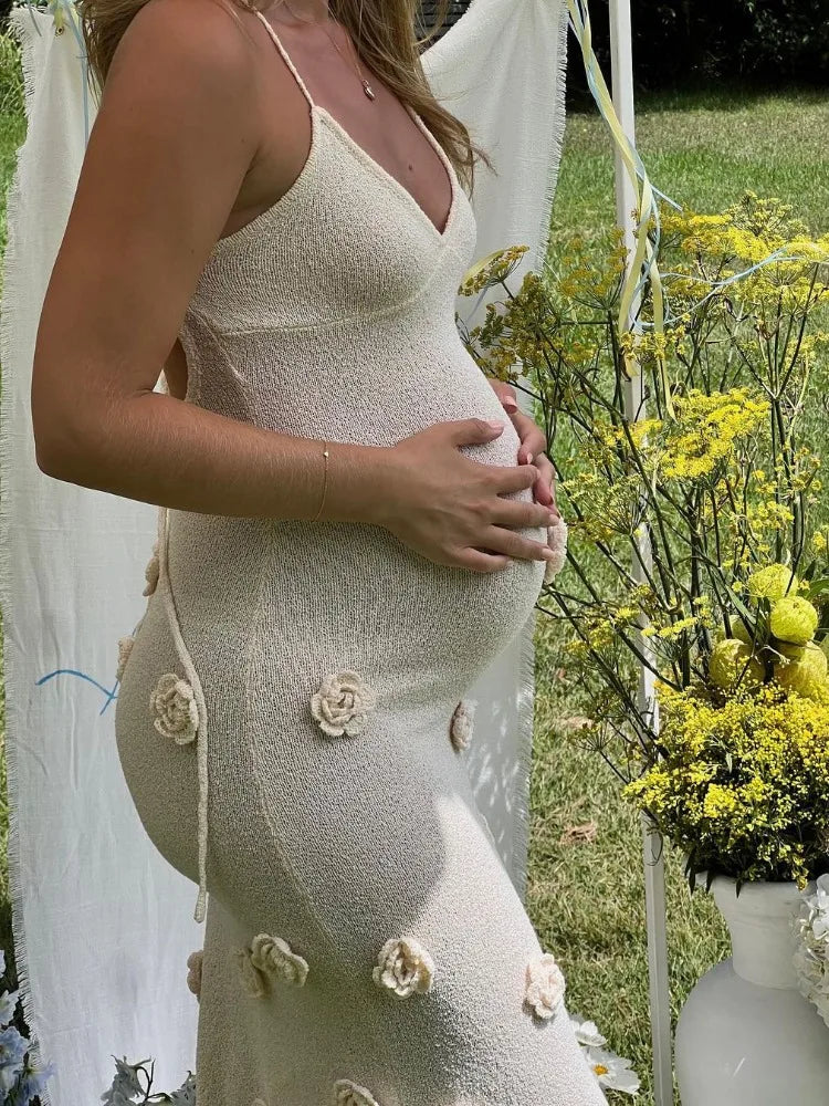 Knitted Maxi Dress with Floral Appliqués and Back Tie Detail - Malaya