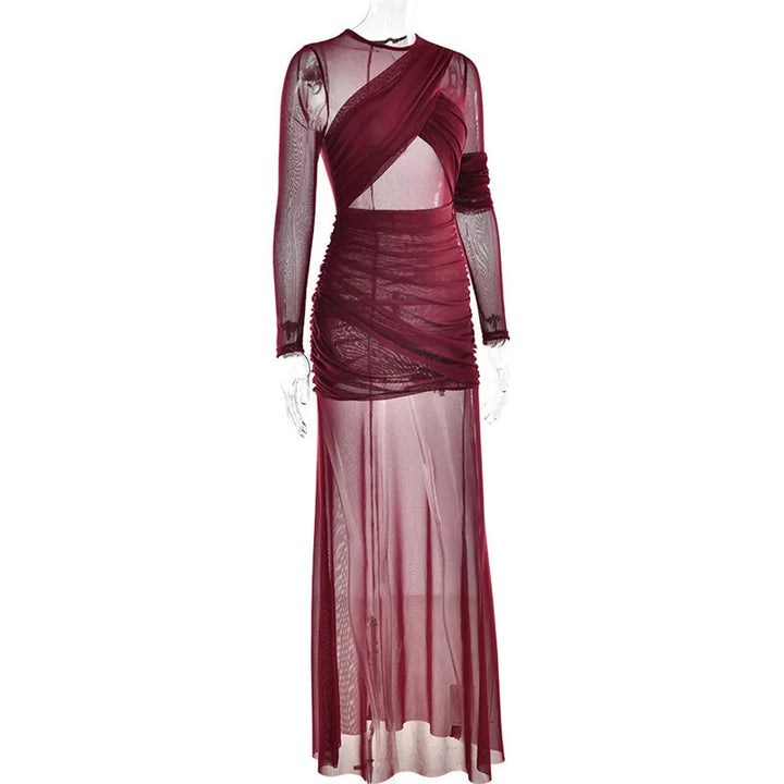 Mesh maxi dress with ruching design - Gvan