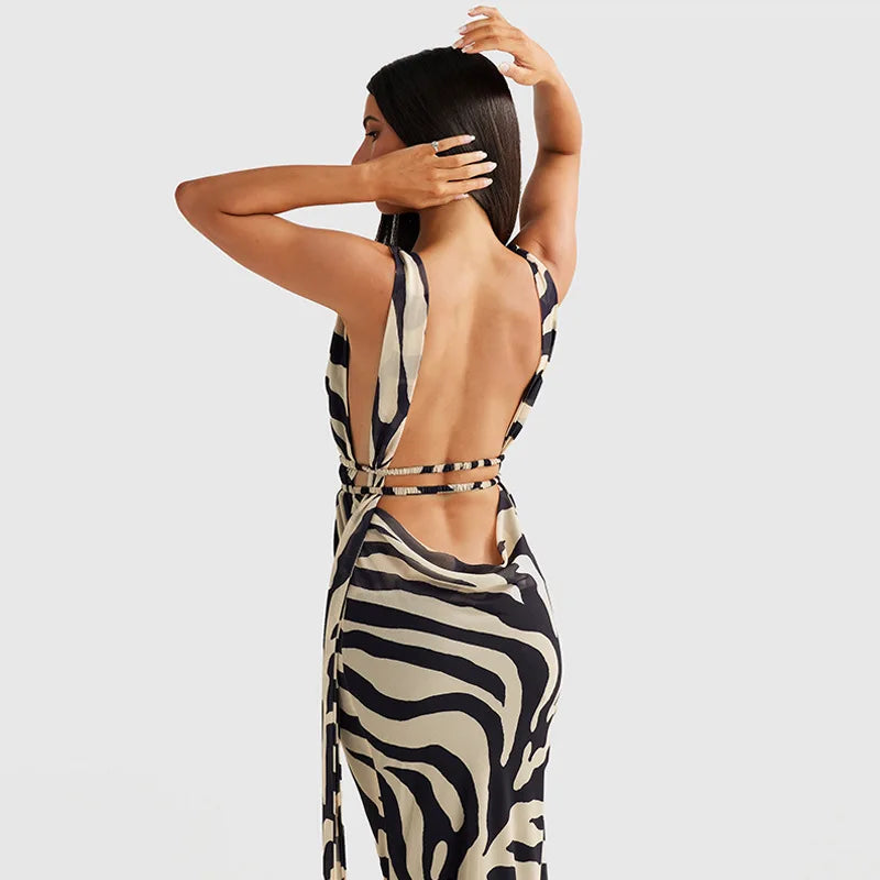 Maxi evening dress with open back and deep neckline - Adelina