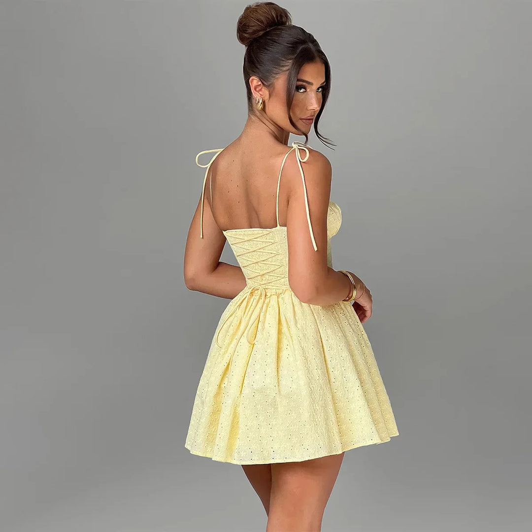 A-Line Mini Dress with Embroidery and Tie Straps - GAYA