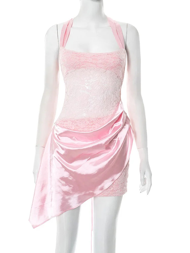 Satin mini dress with lace trim - Yovelia