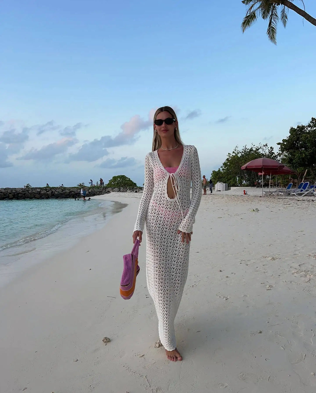 Crochet Maxi Dress with Tie Detail on Chest - Halo