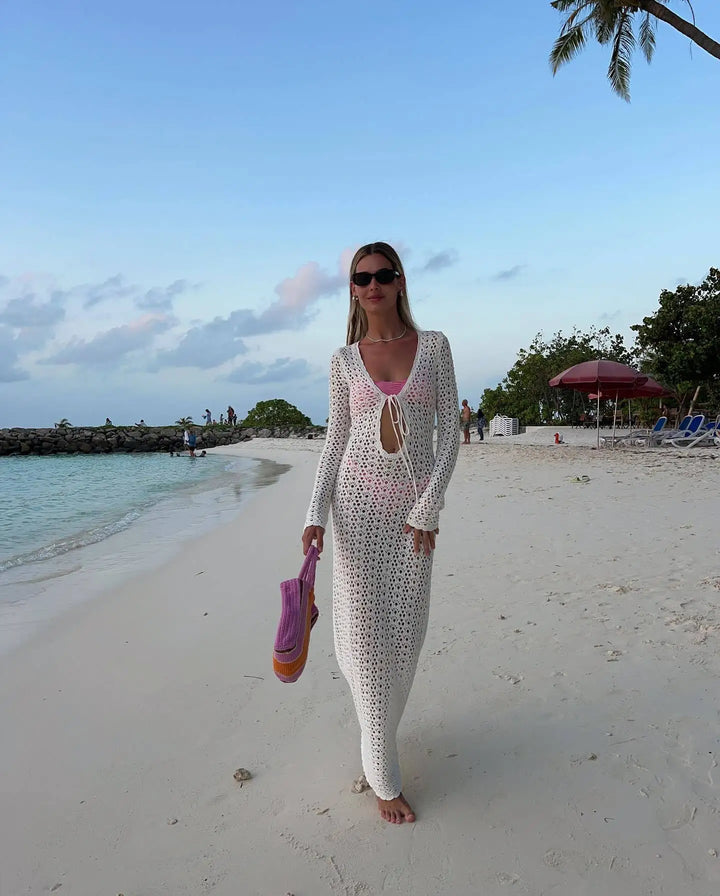 Crochet Maxi Dress with Tie Detail on Chest - Halo