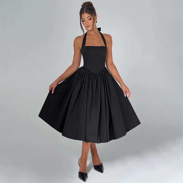 A-line midi dress with open back and neck tie - Angie