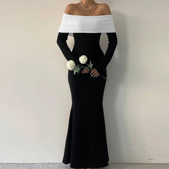 Monochrome Off-Shoulder Maxi Dress - Shindy