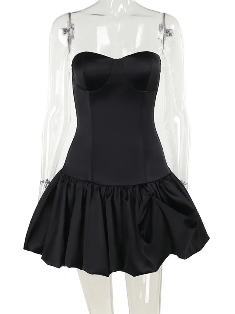 Strapless Satin Mini Dress with Balloon Ruching Design - BELLEN