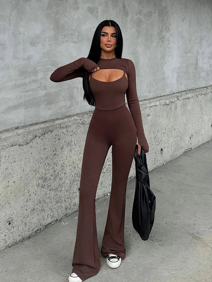 Pedal Pusher Jumpsuit with Shaping Fabric and Overlay Design - Vini