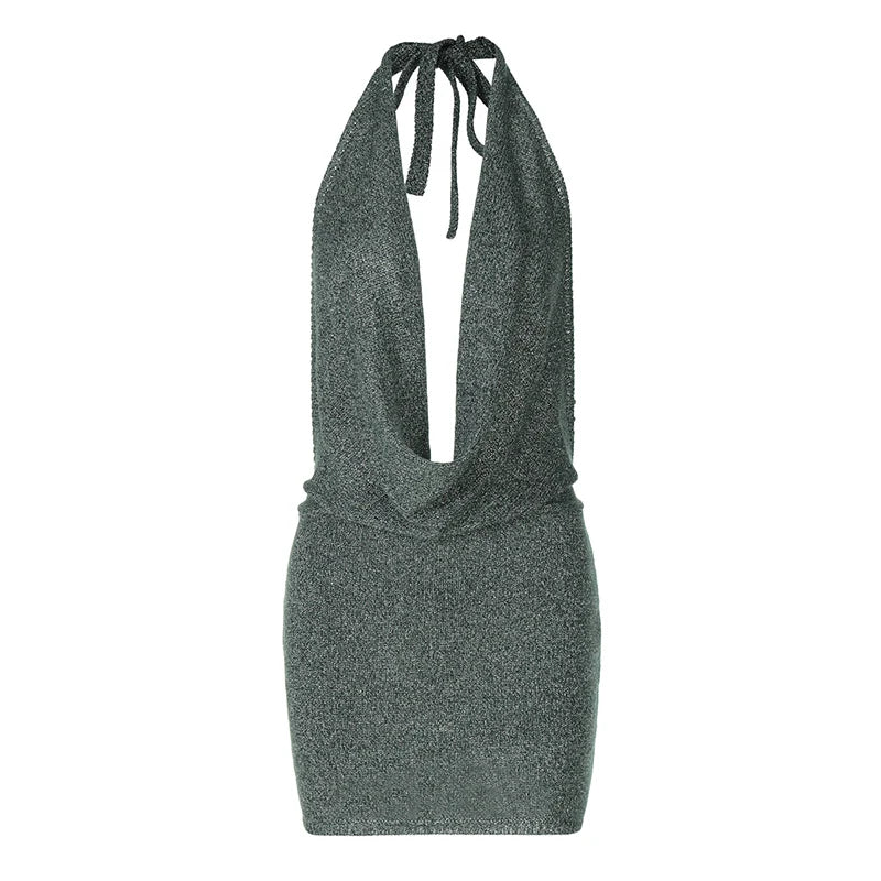 Knitted Sequin Mini Dress with Dropped Collar and Open Back - Kesem