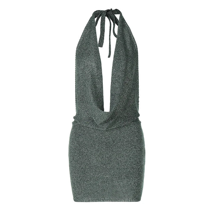 Knitted Sequin Mini Dress with Dropped Collar and Open Back - Kesem