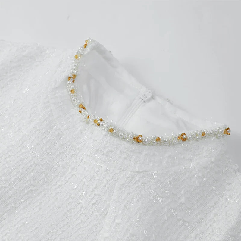 Elegant Mini Dress with Short/Long Sleeves, Tailored Style, Woven Fabric with Sequin and Pearl Embellishment - Lucia