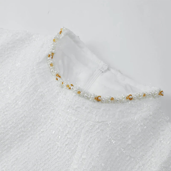 Elegant Mini Dress with Short/Long Sleeves, Tailored Style, Woven Fabric with Sequin and Pearl Embellishment - Lucia