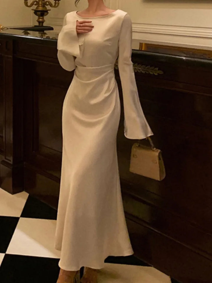 Elegant maxi satin evening dress with bell sleeves - Sahar