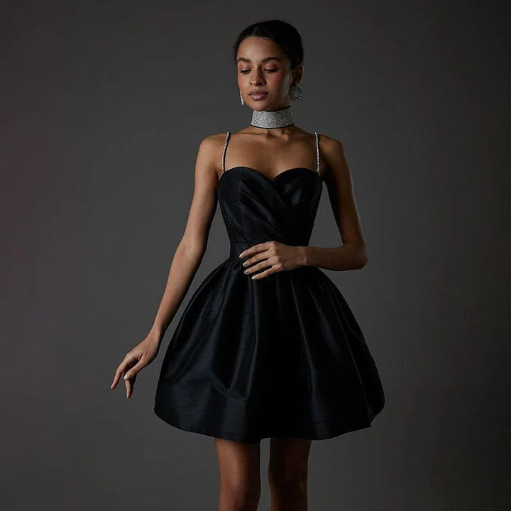 A-Line Satin Mini Dress with Sequin Straps - Miel