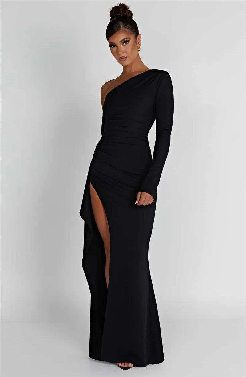 Ruffled maxi dress with shoulder slit and off-shoulder design - Melania