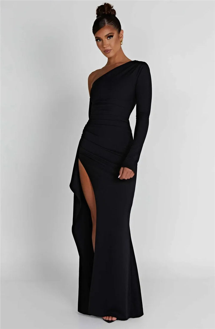 Ruffled maxi dress with shoulder slit and off-shoulder design - Melania