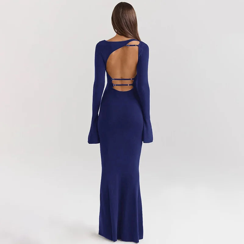 Open Back Maxi Dress with Bell Sleeves - Blueberry