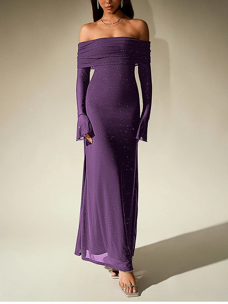 Sequin maxi dress with off-shoulder design and bell sleeves - Margarita