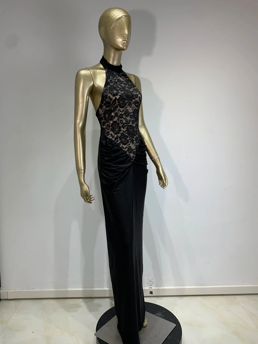 Maxi Dress with Ruching, Collar Cut, Opaque Lace Design, and Open Back - Elliana