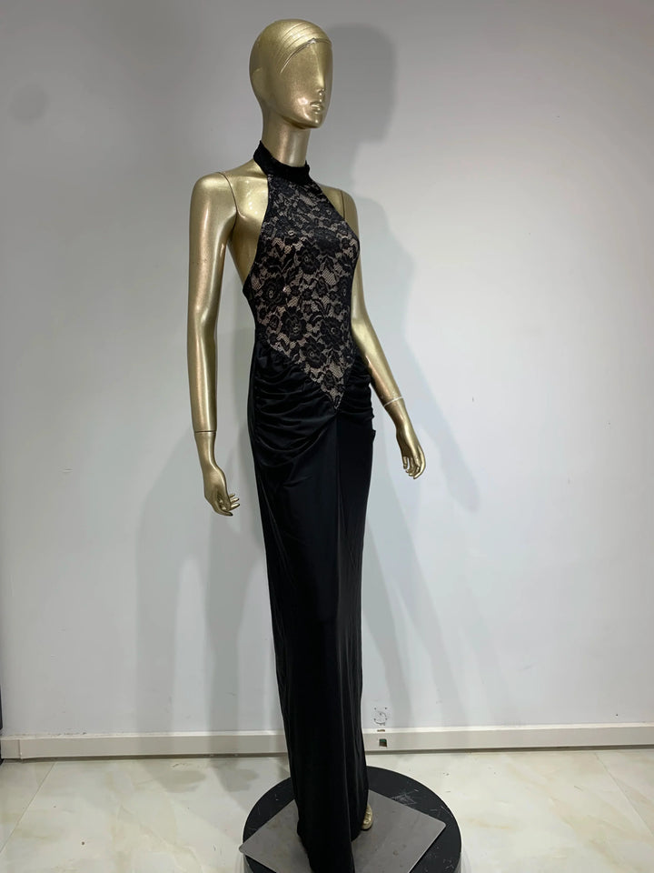 Maxi Dress with Ruching, Collar Cut, Opaque Lace Design, and Open Back - Elliana